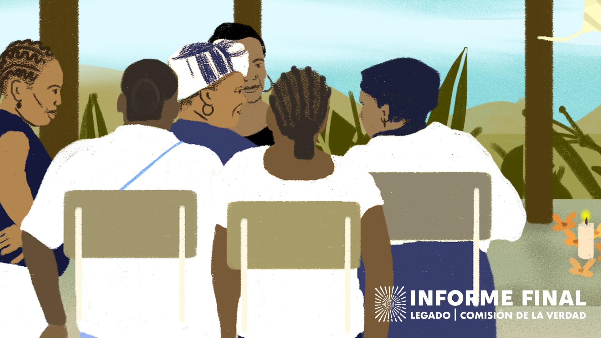 Ilustración. Mujeres afro sentadas en pupitres conversando
