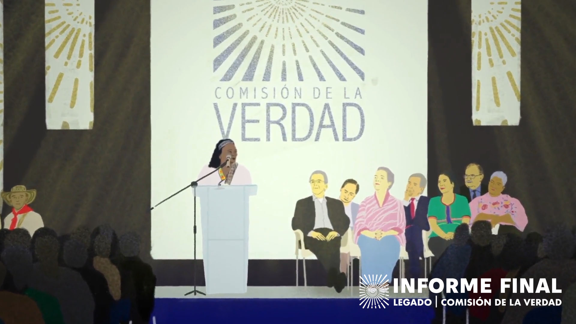 Ilustración: Mujer afro habla en evento junto con comisionados