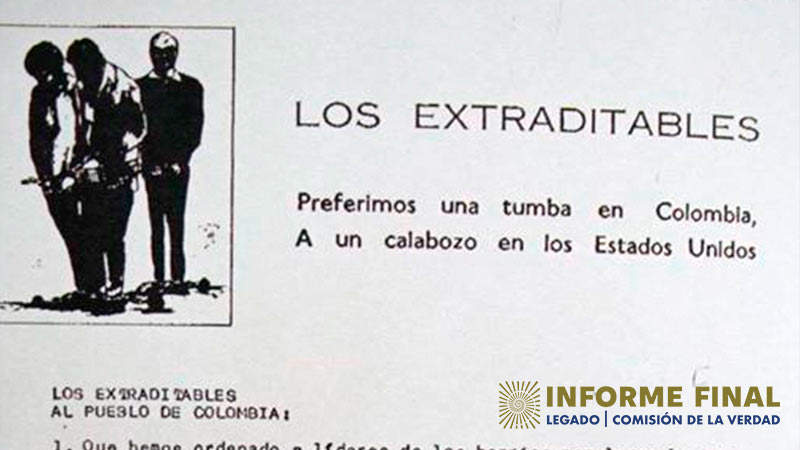 Recorte de comunicado de "Los Extraditables"