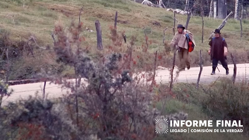 Dos hombres campesinos caminan por carretera despatada.