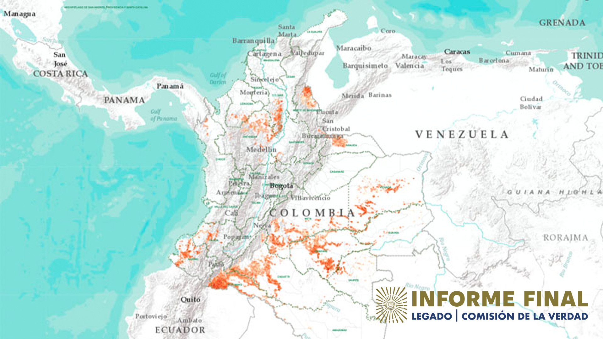 Mapa de la región del Valle del Cauca con expansión del cultivo de coca en Colombia