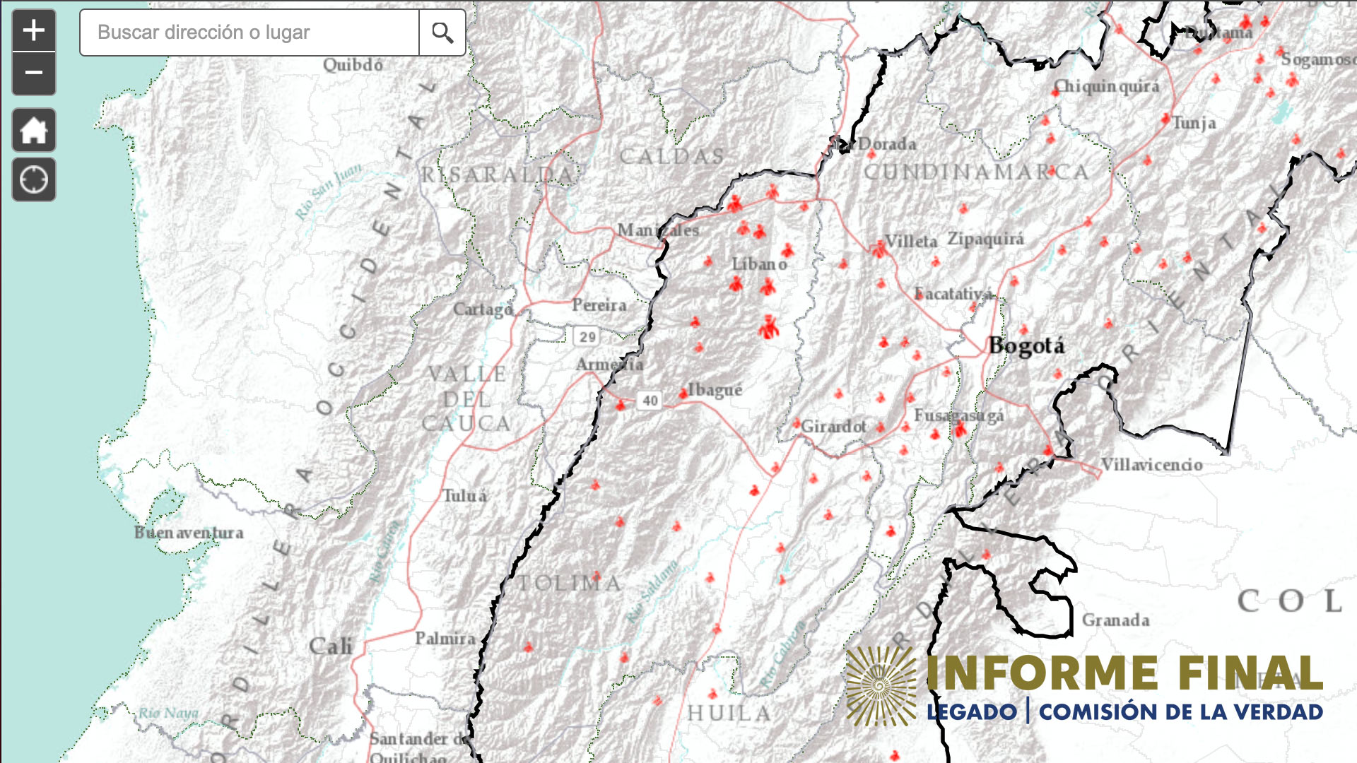 Mapa de la región Centro de Colombia con convenciones