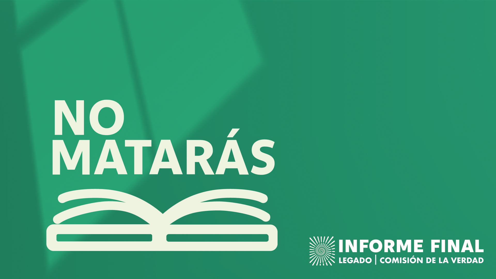 fondo verde con sombra de ventana, ícono de libro con el texto no matarás